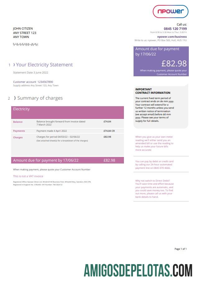 para download Conta de serviços públicos Npower do Reino Unido, modelo Word e PDF